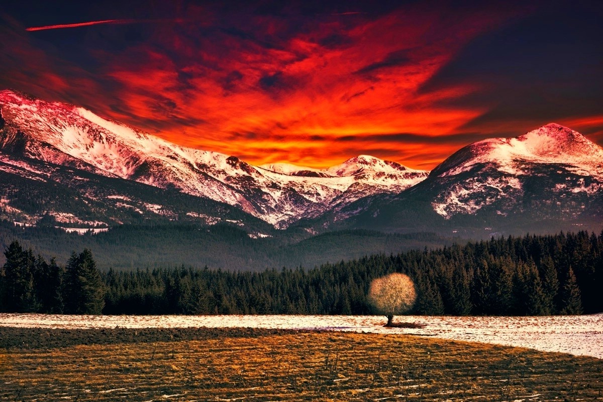 nature, Landscape, Mountain, Forest, Field, Snowy Peak, Red Sky, Clouds, Trees Wallpaper