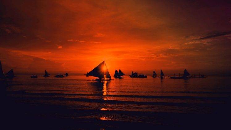 red Sky, Sailboats, Sunset, Sea, Clouds, Nature, Landscape HD Wallpaper Desktop Background