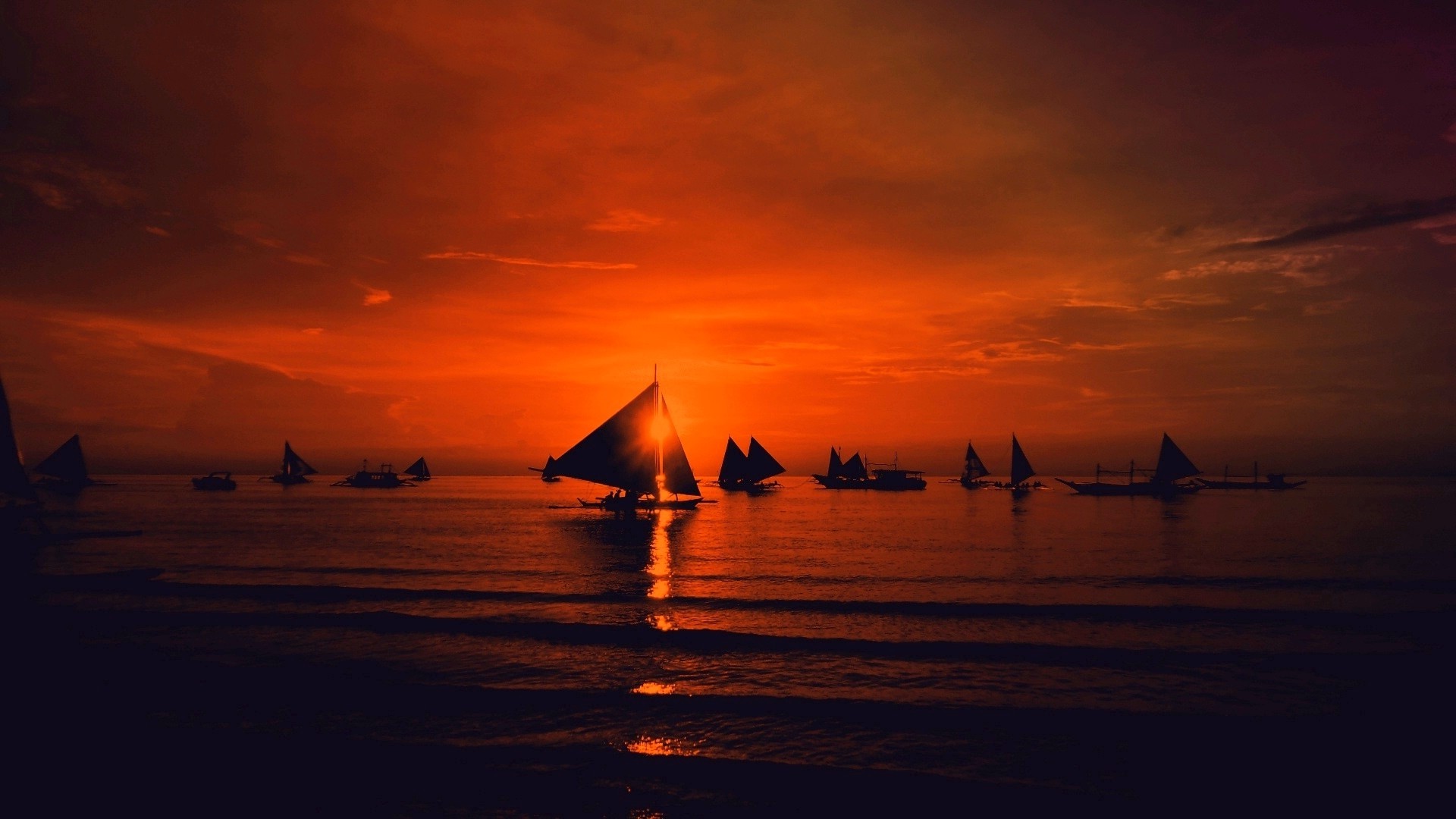 red Sky, Sailboats, Sunset, Sea, Clouds, Nature, Landscape Wallpaper