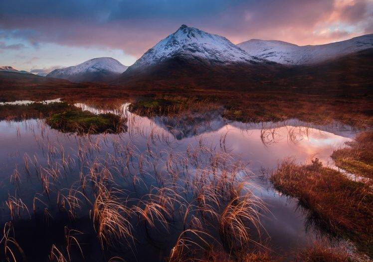 nature, Landscape, Water, Snow, Mountain, Scotland, UK, Lake, Grass, Reflection, Sunset, Clouds HD Wallpaper Desktop Background