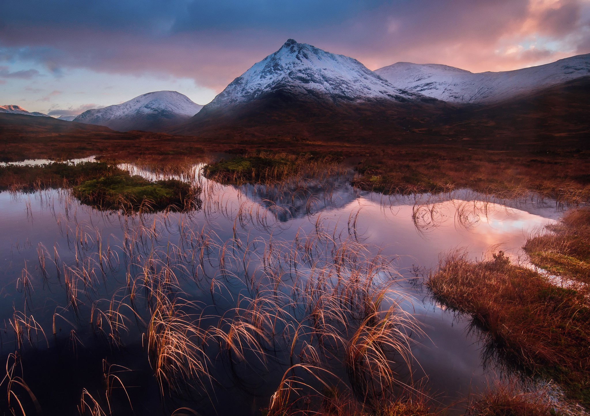 nature, Landscape, Water, Snow, Mountain, Scotland, UK, Lake, Grass, Reflection, Sunset, Clouds Wallpaper