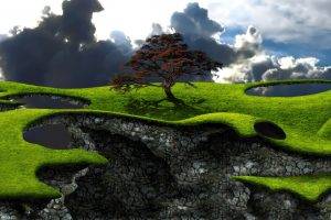 digital Art, Landscape, Nature, Clouds, Trees, Field, Grass, Rock, Floating Island, Shadow