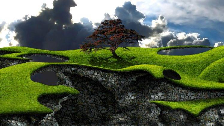 digital Art, Landscape, Nature, Clouds, Trees, Field, Grass, Rock, Floating Island, Shadow HD Wallpaper Desktop Background