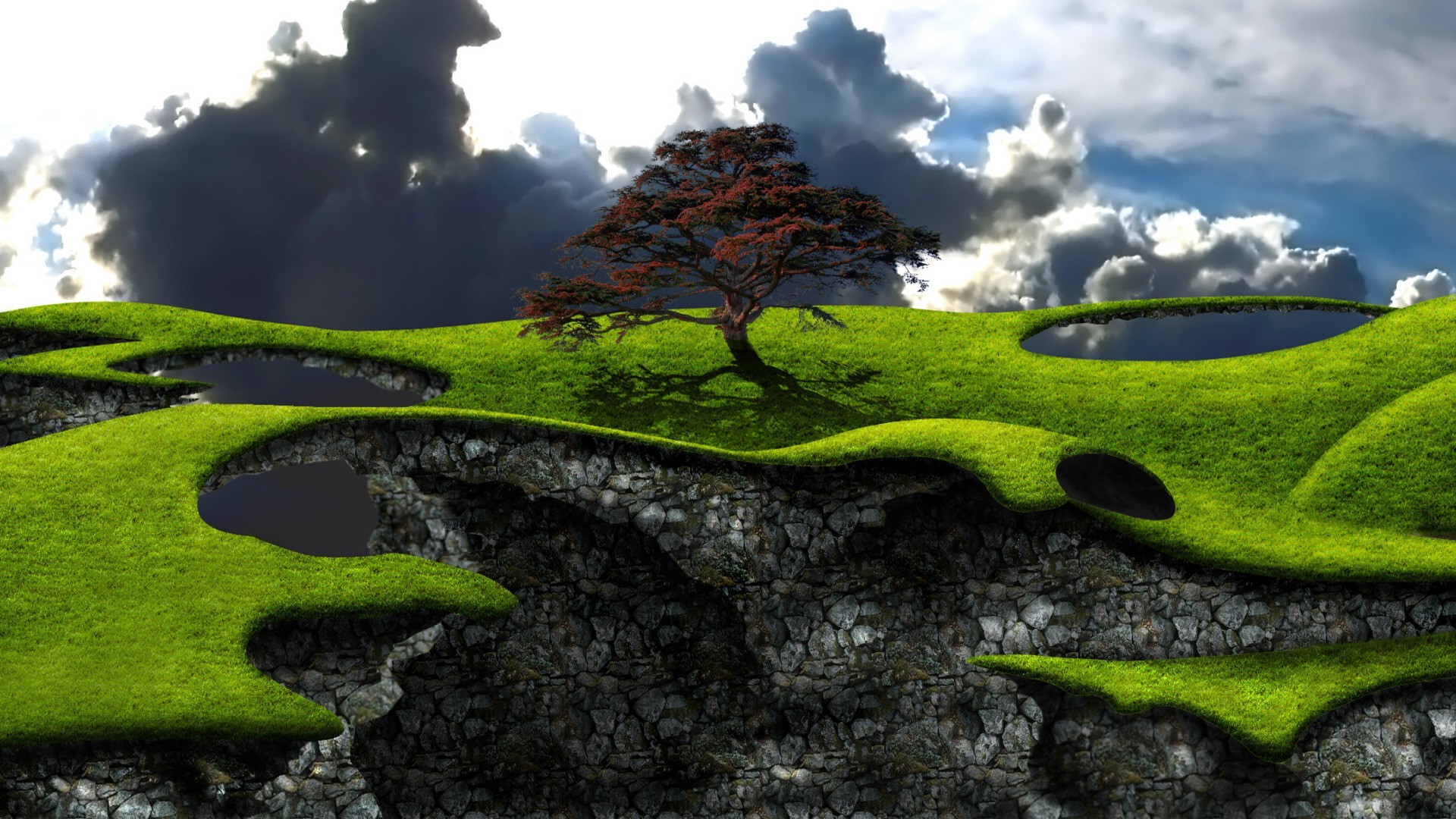 digital Art, Landscape, Nature, Clouds, Trees, Field, Grass, Rock, Floating Island, Shadow Wallpaper