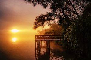 river, Pier, Sunrise, Landscape, Nature, Trees, Water, Argentina, Mist, Morning