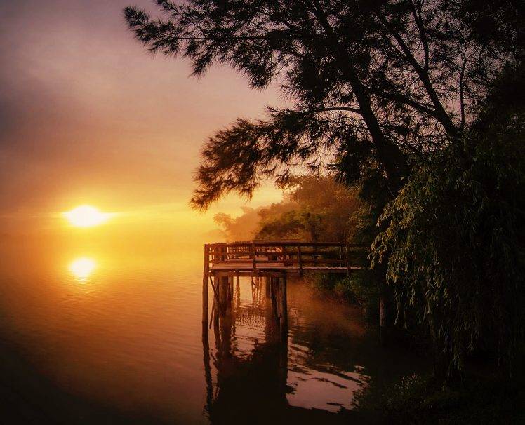 river, Pier, Sunrise, Landscape, Nature, Trees, Water, Argentina, Mist, Morning HD Wallpaper Desktop Background