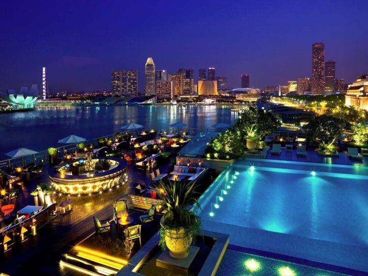 swimming Pool, Night, Lights, Landscape, Singapore HD Wallpaper Desktop Background