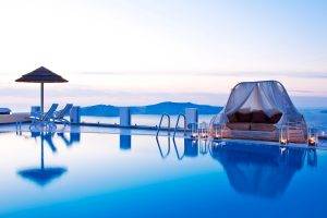 swimming Pool, Greece, Water, Evening, Hill, Landscape, Deck Chairs, Reflection