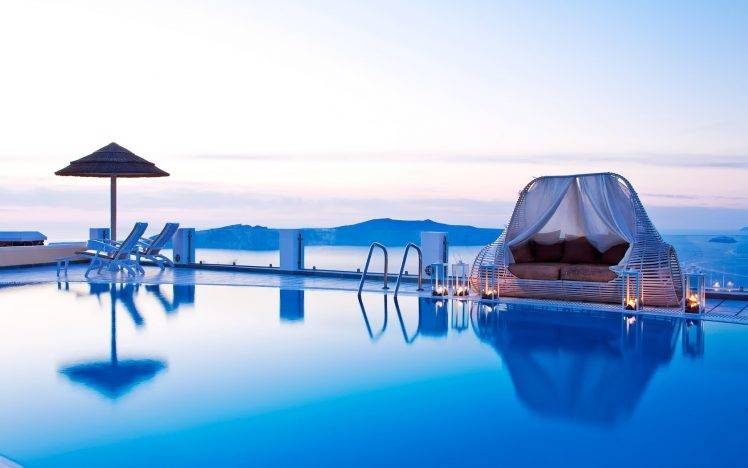swimming Pool, Greece, Water, Evening, Hill, Landscape, Deck Chairs, Reflection HD Wallpaper Desktop Background