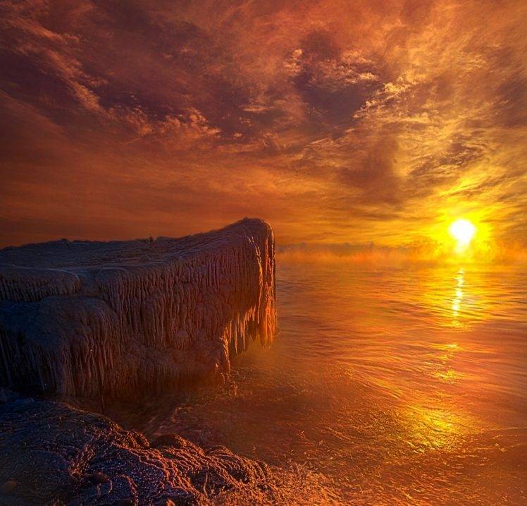 winter, Nature, Sunrise, Ice, Lake, Clouds, Landscape HD Wallpaper Desktop Background
