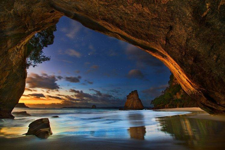 cave, Beach, Sea, Sunset, Clouds, Stars, Nature, Landscape HD Wallpaper Desktop Background