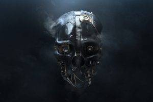 skull, Simple Background, 3D, Metal, Wires, Smoke, Technology, Dishonored, Video Games, Corvo Attano