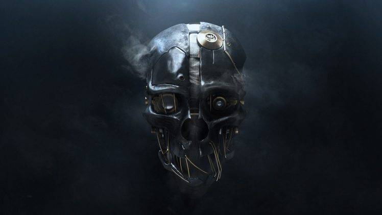 skull, Simple Background, 3D, Metal, Wires, Smoke, Technology, Dishonored, Video Games, Corvo Attano HD Wallpaper Desktop Background