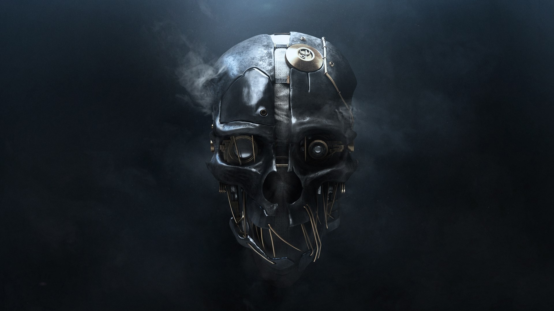 skull, Simple Background, 3D, Metal, Wires, Smoke, Technology, Dishonored, Video Games, Corvo Attano Wallpaper