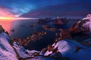 Norway, Island, Sunrise, Sea, Snow, Winter, Cityscape, Mountain, Nature, Landscape