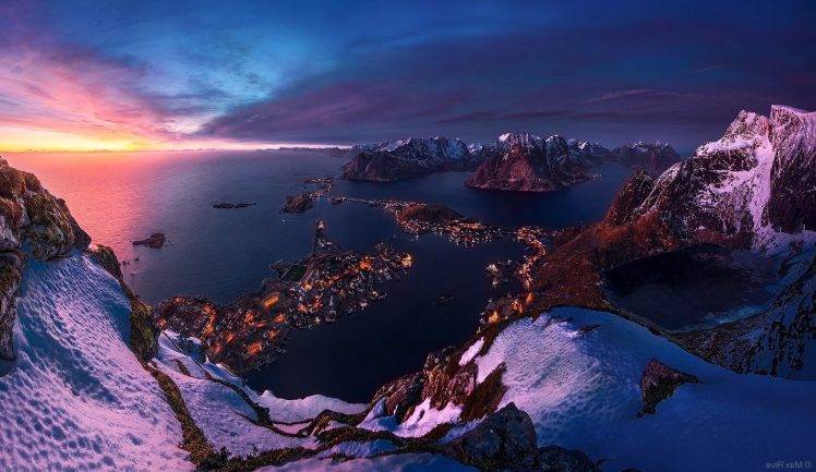 Norway, Island, Sunrise, Sea, Snow, Winter, Cityscape, Mountain, Nature, Landscape HD Wallpaper Desktop Background
