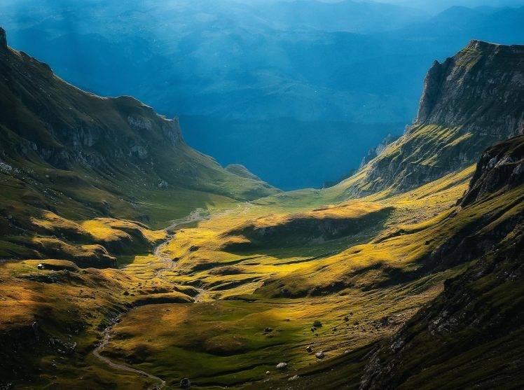 valley, Mountain, Sun Rays, Grass, Cliff, Nature, Landscape HD Wallpaper Desktop Background