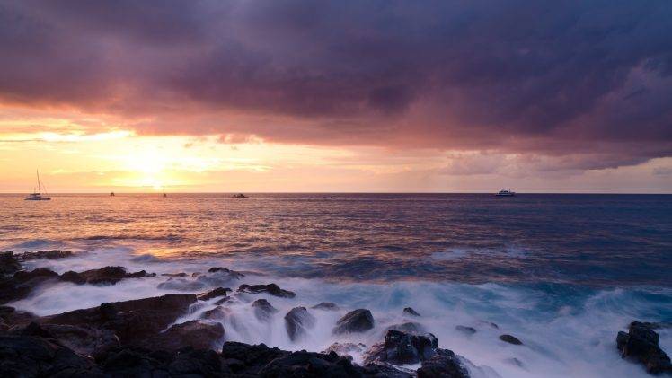 nature, Landscape, Sunset, Clouds, Beach, Rock, Sea HD Wallpaper Desktop Background