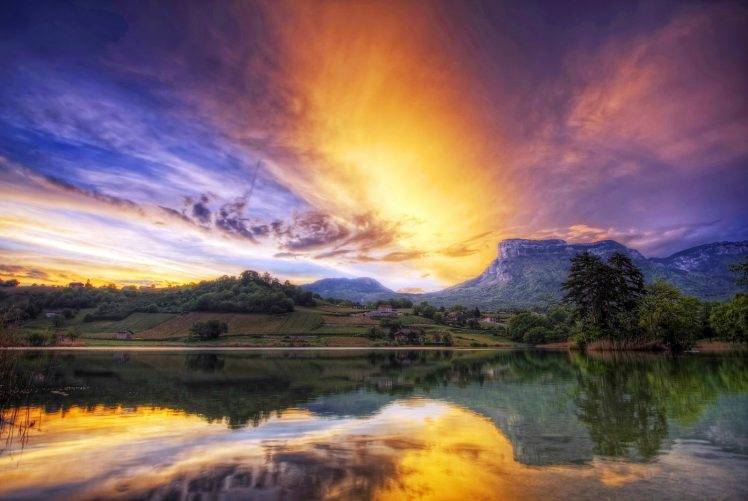 nature, Landscape, Lake, Sunset, Mountain, Field, Clouds, Trees HD Wallpaper Desktop Background