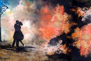 painting, Abstract, Kissing, Silhouette