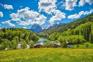 lake, Germany, Summer, Clouds, Green, House, Wildflowers, Mountain, Forest, Nature, Landscape, Field