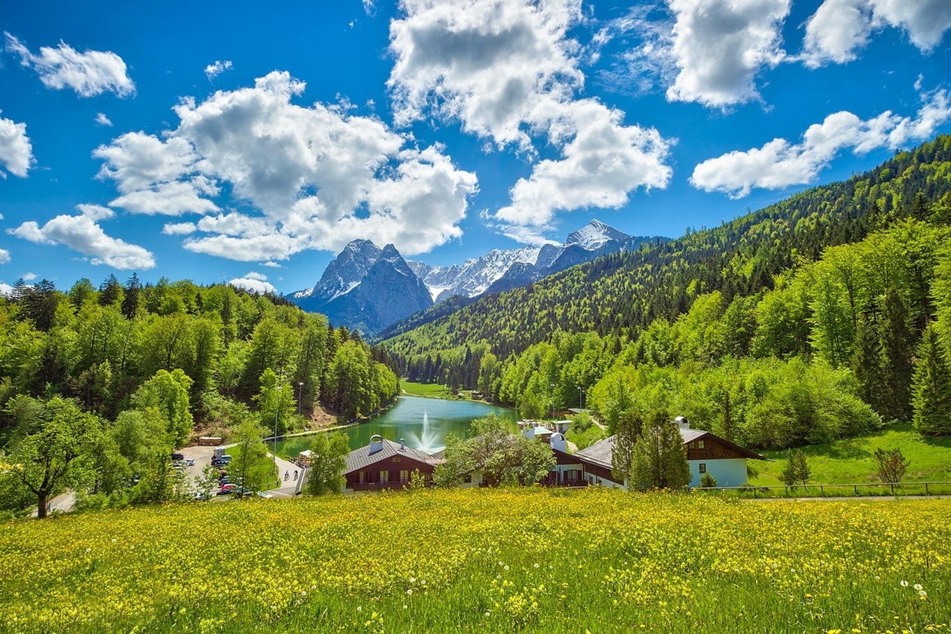 lake, Germany, Summer, Clouds, Green, House, Wildflowers, Mountain