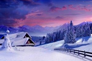 landscape, Winter, Snow, Mountain, Trees, Sky, Cabin