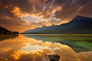 Canada, Lake, Reflection, Sunset, Clouds, Mountain, Forest, Water, Nature, Landscape