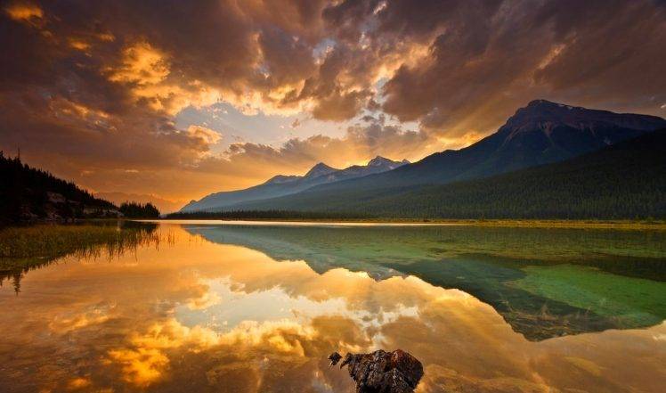 Canada, Lake, Reflection, Sunset, Clouds, Mountain, Forest, Water, Nature, Landscape HD Wallpaper Desktop Background
