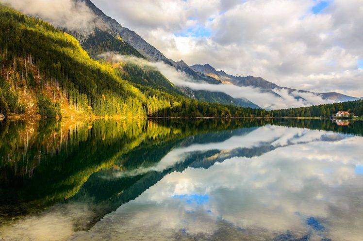 mountain, Forest, Lake, Clouds, Italy, Reflection, Water, Alps, Nature, Landscape, Green HD Wallpaper Desktop Background