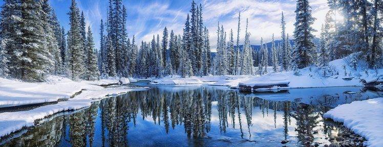 winter, Snow, Reflection, Forest, Water, River, White, Blue, Nature, Landscape HD Wallpaper Desktop Background