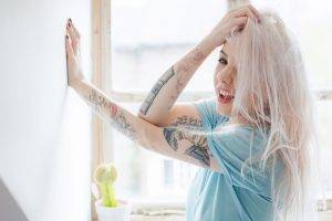women, Tattoo, White Hair, Hands On Head