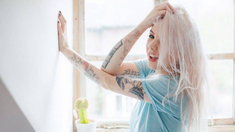 women, Tattoo, White Hair, Hands On Head HD Wallpaper Desktop Background
