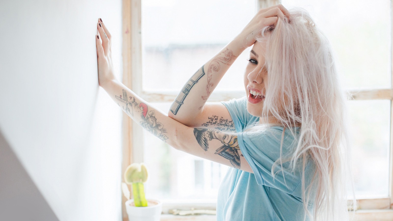 women, Tattoo, White Hair, Hands On Head Wallpaper