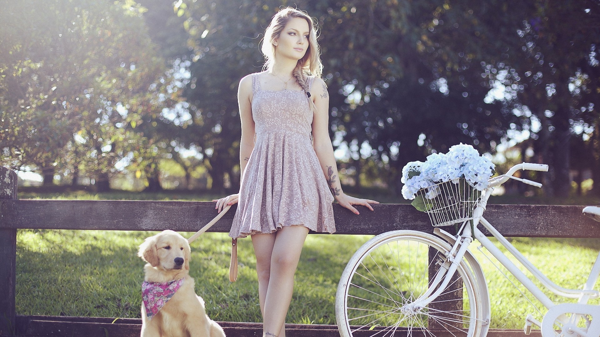 blonde, Tattoo, Skirt, Dog, Bicycle, Flowers, Model, Women Wallpapers