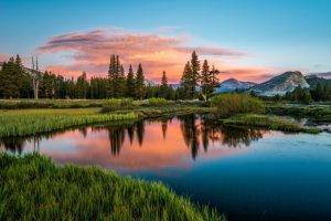 landscape, Nature, Sunset, River, Forest, Mountain, Water, Clouds, Grass, Blue, Green, Pink, Trees, Reflection