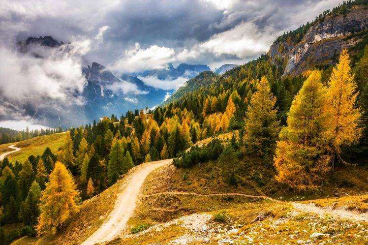 fall, Mountain, Clouds, Forest, Road, Alps, Italy, Nature, Landscape, Yellow, Green HD Wallpaper Desktop Background