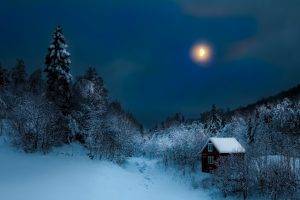 cottage, Forest, Hill, Mist, Nature, Moon, Winter, Landscape, Snow, Night