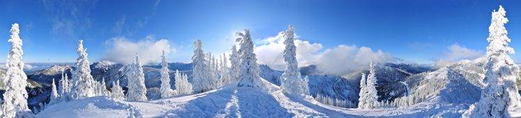 panoramas, Winter, Forest, Snow, Mountain, Trees, Road, Clouds, Nature, Landscape, White HD Wallpaper Desktop Background