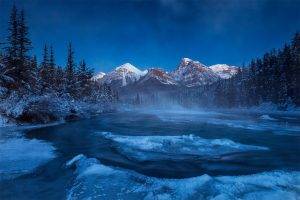 nature, Landscape, Mountain, Trees, Forest, Clouds, Snow, Alberta, Canada, Winter, Night, Lake, Ice, Mist