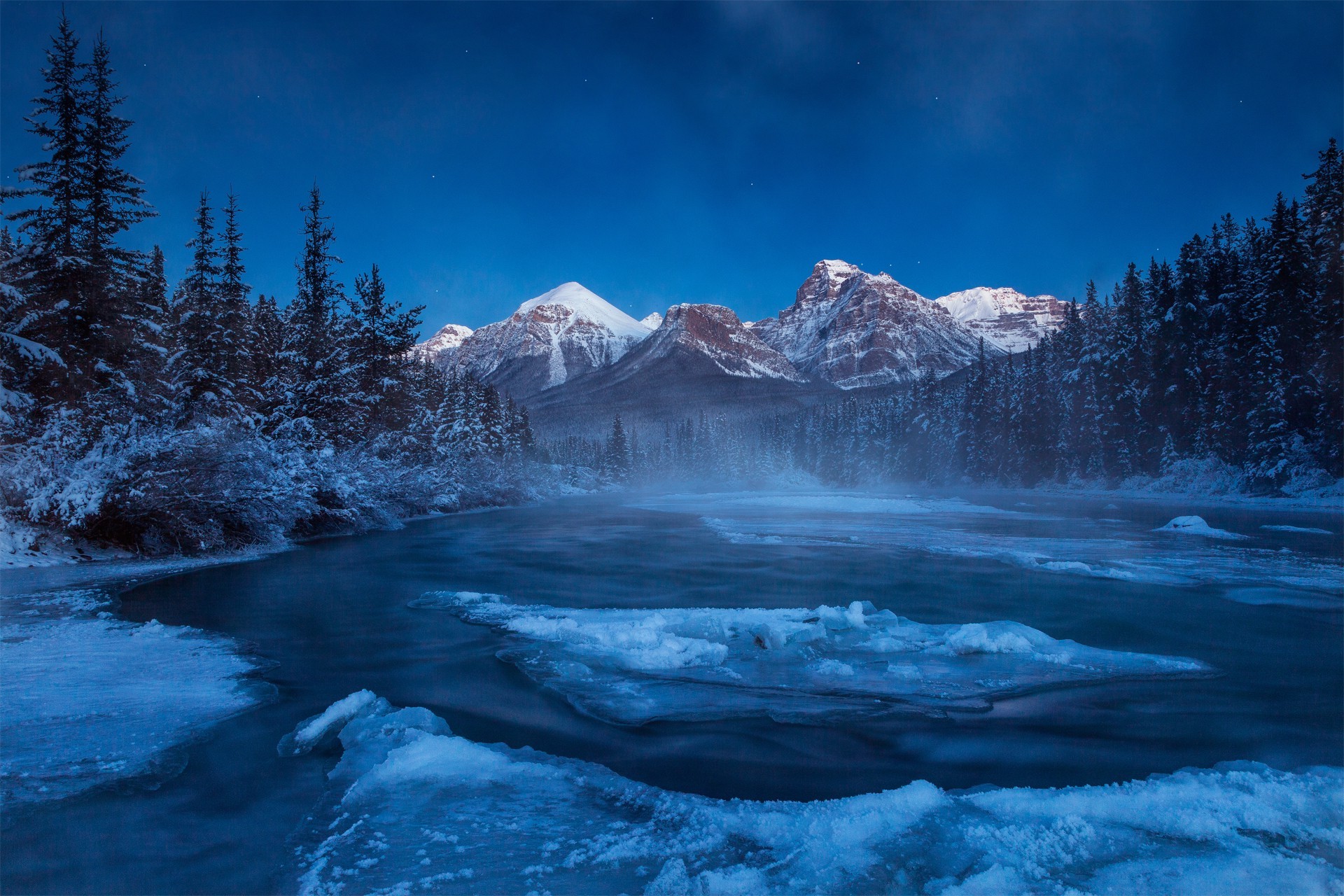 nature, Landscape, Mountain, Trees, Forest, Clouds, Snow, Alberta, Canada, Winter, Night, Lake, Ice, Mist Wallpaper