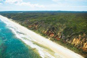 beach, Island, Australia, Sand, Clouds, Hill, Cliff, Nature, Landscape, Green, Turquoise, Water, Summer