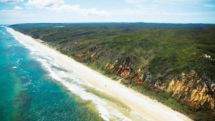 beach, Island, Australia, Sand, Clouds, Hill, Cliff, Nature, Landscape, Green, Turquoise, Water, Summer HD Wallpaper Desktop Background