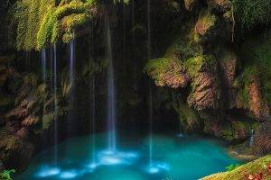 waterfall, Moss, Grass, Nature, Green, Turquoise, Landscape