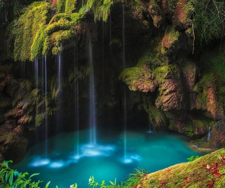 waterfall, Moss, Grass, Nature, Green, Turquoise, Landscape HD Wallpaper Desktop Background