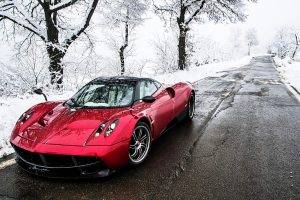 sports Car, Road, Snow, Car, Pagani Huayra, Pagani, Red Cars