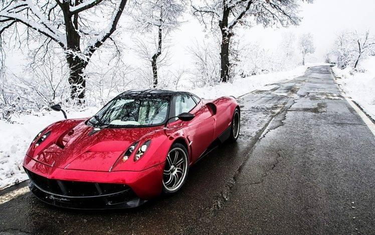 sports Car, Road, Snow, Car, Pagani Huayra, Pagani, Red Cars HD Wallpaper Desktop Background
