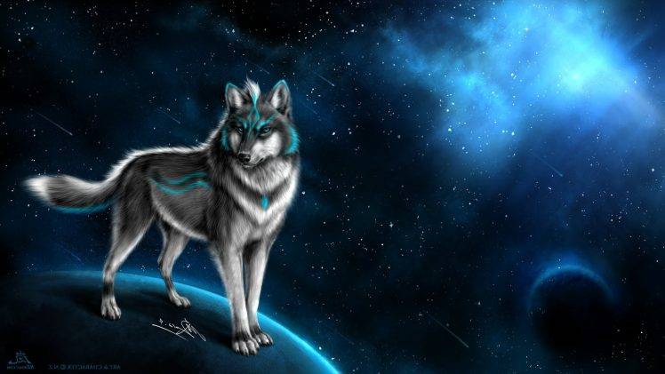 wolf, Animals, Fantasy Art, Artwork, Space, Stars, Planet, Digital Art HD Wallpaper Desktop Background