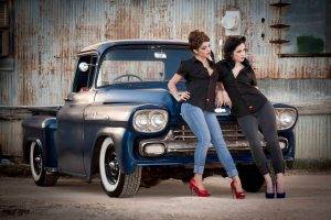 women, Car, Jeans, Women With Cars, Old Car, Chevrolet, Pickup Trucks