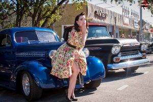 women, Car, Women With Cars, Old Car, Floral, Blue Cars